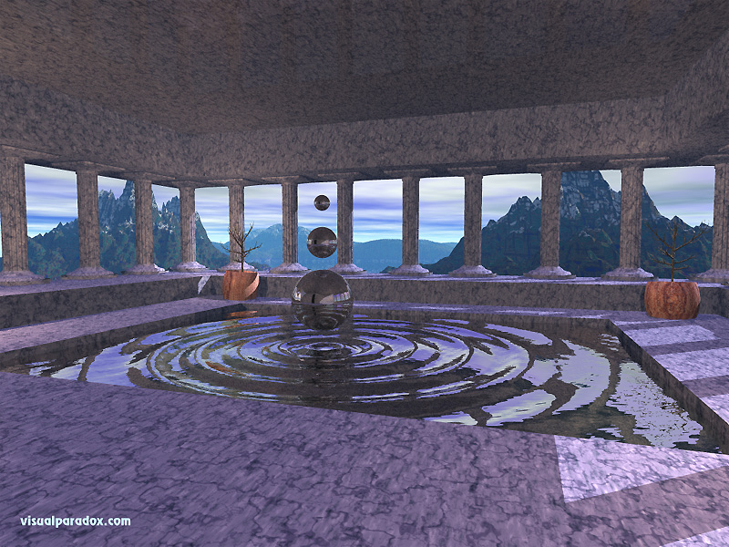 fountain, pillars, temple, water, dancing, spheres, ripples, waves, magical, 3d, wallpaper