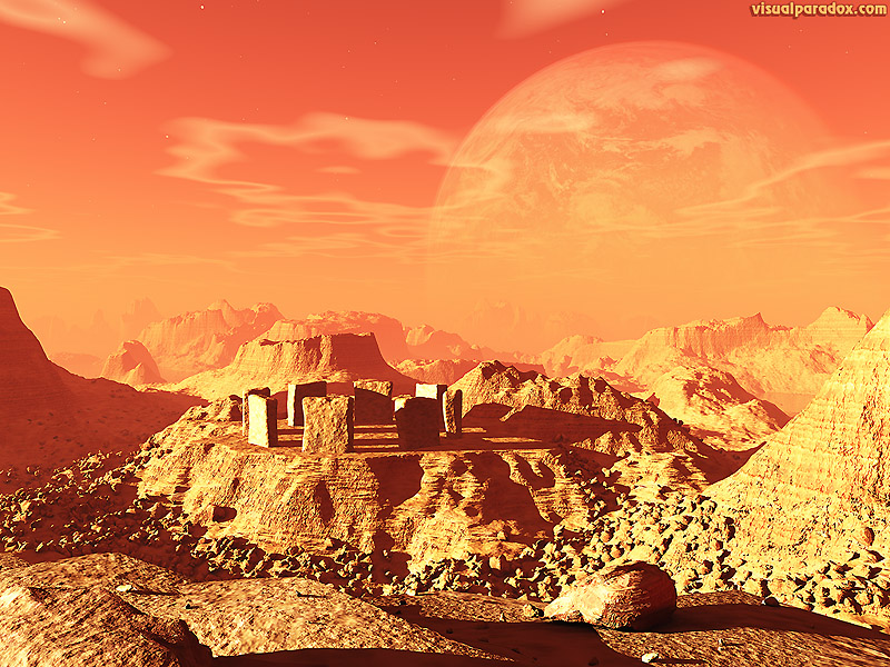 planet, space, stone, henge, monolith, alien, sky, mars, mercury, science fiction, 3d, wallpaper