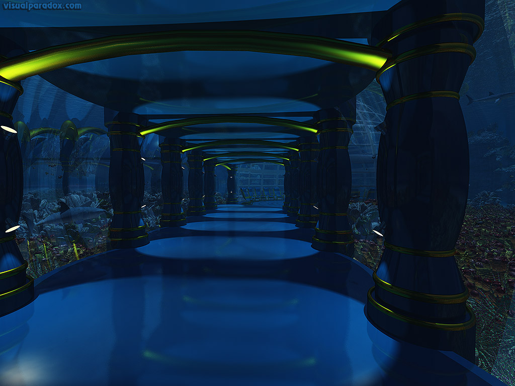 Under, water, sea, ocean, bottom, castle, hall, dome, sharks, coral, fish, habitat, 3d, wallpaper