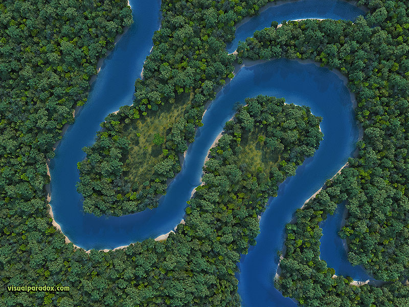 meandering, snaking, curvy, sinusoidal, snake, forest, woods, trees, erosion, oxbow, lake, pond, channel, river, stream, creek, bed, 3d, wallpaper