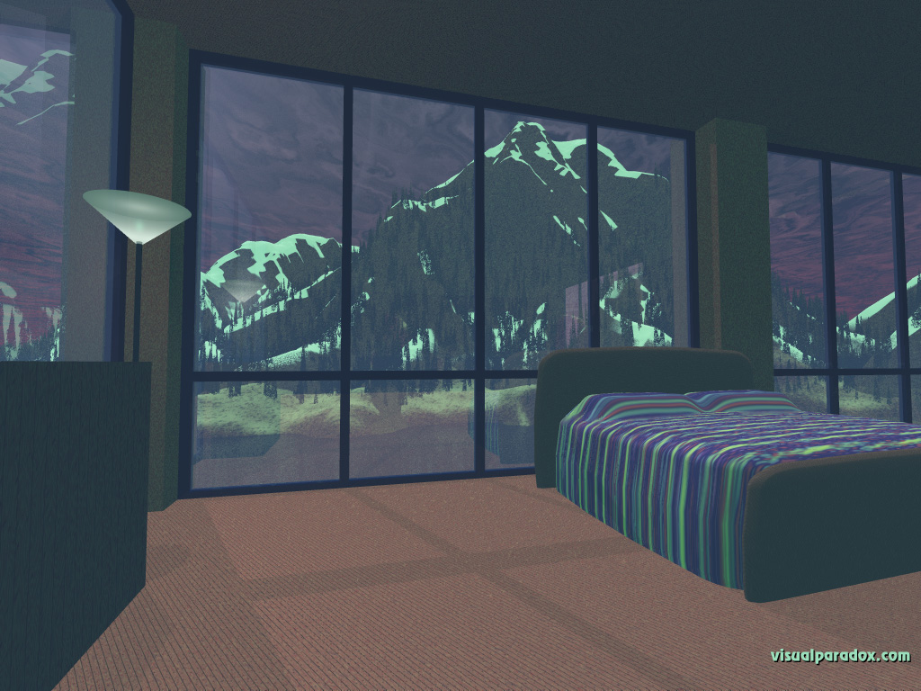 bedroom, mountain, windows, furniture, house, mountains, 3d, wallpaper