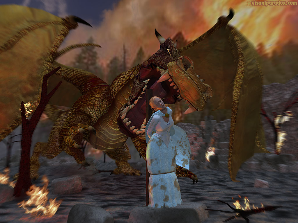 dragon, princess, sacrificial, virgin, bite, slayer, eat, damsel, fire, 3d, wallpaper