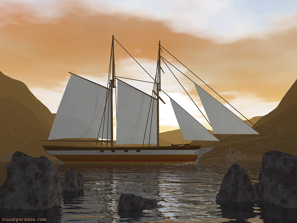 ship, boat, sail, ocean, sea, water, waves, sunset, ripples, sailing, sailboat, sails, 3d, wallpaper