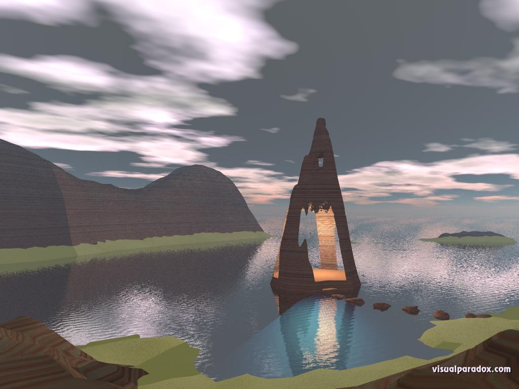 ocean, water, island, gazebo, cave, stepping, stones, evening, night, 3d, wallpaper