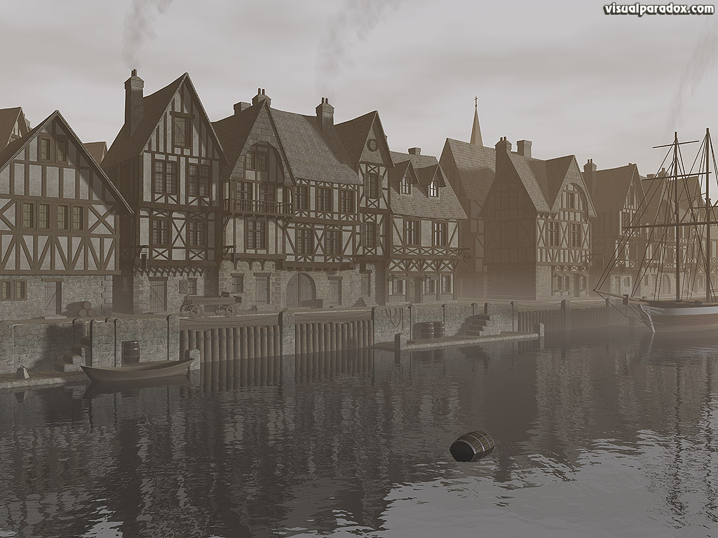 harbor, ocean, ship, village, city, medieval, town, water, bay, half timber, house  , 3d, wallpaper