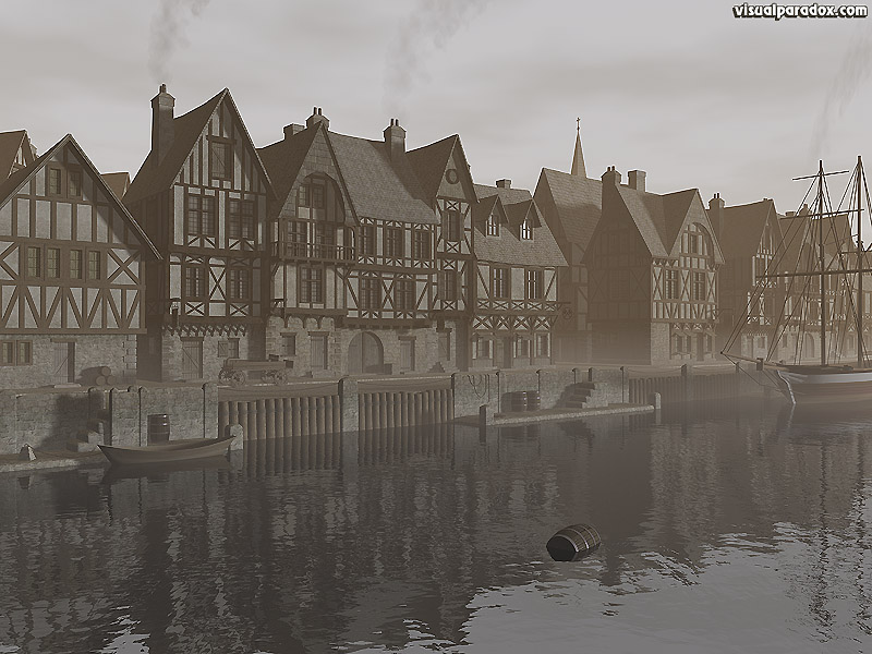 harbor, ocean, ship, village, city, medieval, town, water, bay, half timber, house  , 3d, wallpaper