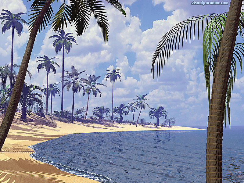 palms, ocean, water, waves, deserted, sand, surf, sun, palm trees, beaches, 3d, wallpaper