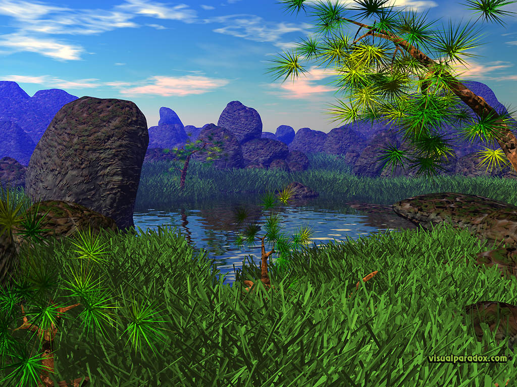 pond,lake,grass,boulders, rocks,trees,bonsai,landscape, natual,boulder,rock,water, ripple, 3d, wallpaper