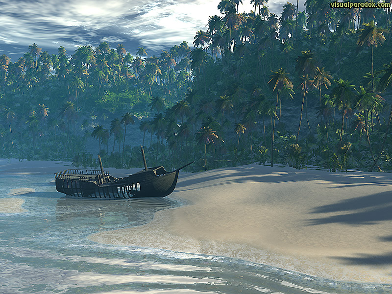 beach, boat, ocean, front, palm, trees, sea, waves, break, sand, ship, lost, marooned, castaway, cliff, tropical, 3d, wallpaper