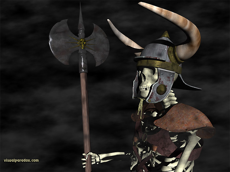 skeleton, soldier, fighter, attention, battle, axe, helmet, armor, army, arms, armed, horned, halberd, polearm, 3d, wallpaper