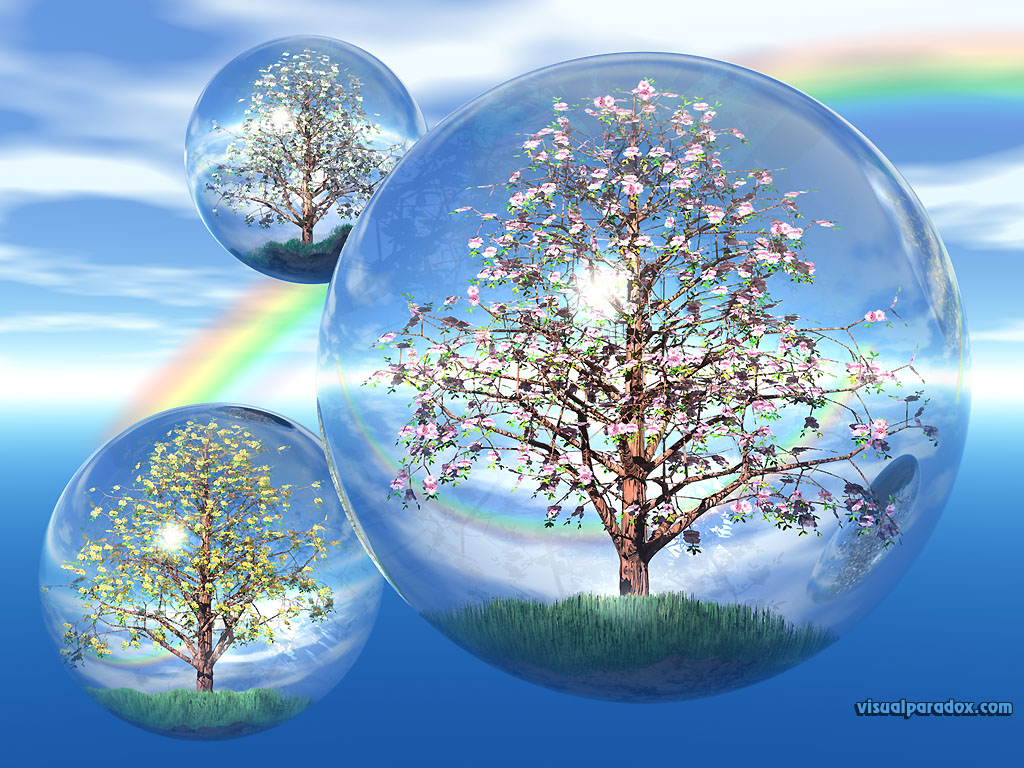 crystals, trees, sky, globes, float, bubbles, balls, fly, Spring Aerium