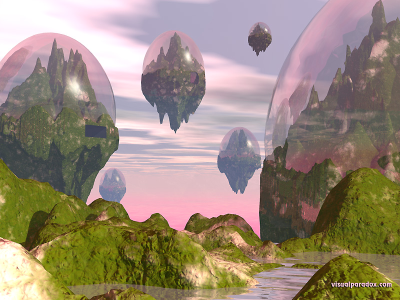 flying, mountains, domes, glass, sky, water, biodome, floating, 3d, wallpaper