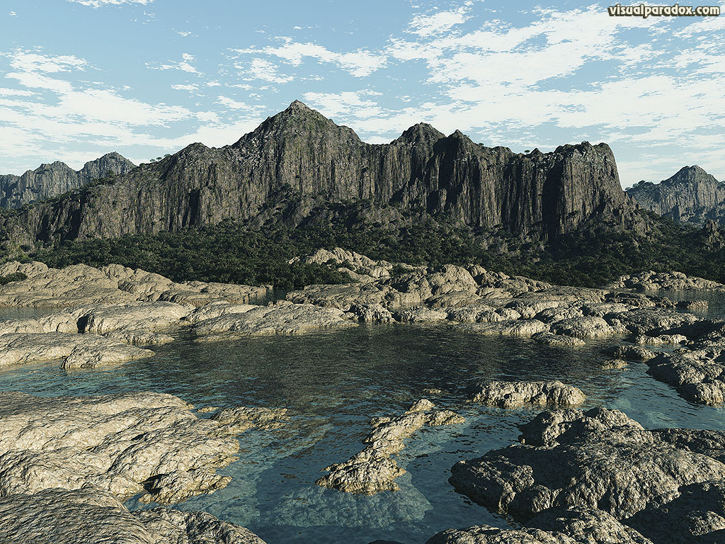 lagoon, watershed, rocky, shore, canyon, mountain, cliff, ocean, tide, water, 3d, wallpaper