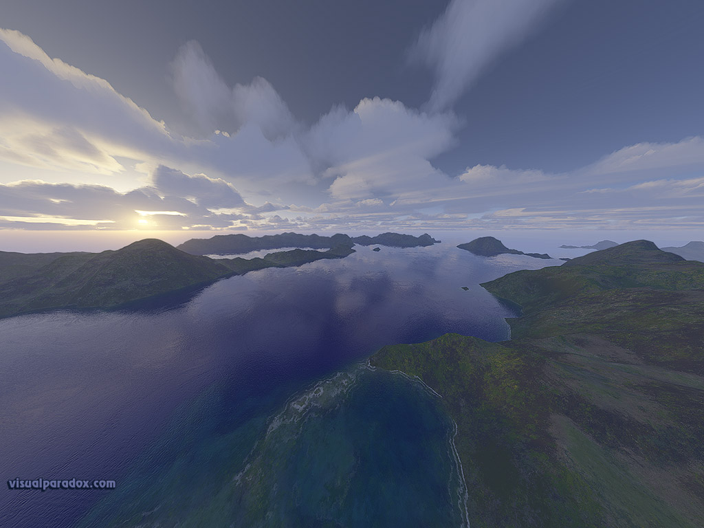 ocean, sunset, lake, sea, blue, mountians, clouds, bay, inlet, rays, vista, 3d, wallpaper