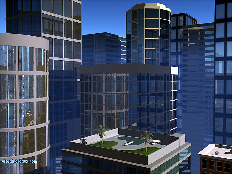 building, city, skyscraper, tower, pool, swimming, metropolis, cities, buildings, rise, 3d, wallpaper