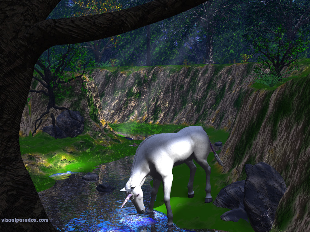one, horn, horse, sun, rays, trees, forest, woods, stream, creek, bank, shore, unicorns, 3d, wallpaper