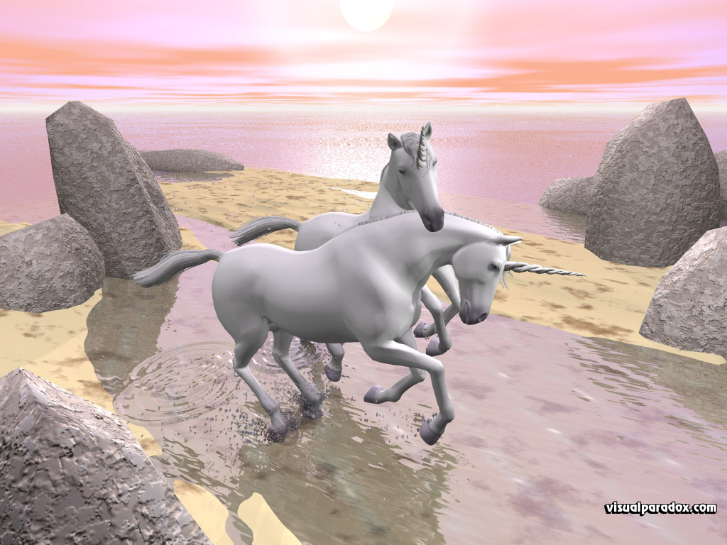one, horn, two, horse, sun, shore, tidal, gallop, run, frolic, unicorns, 3d, wallpaper