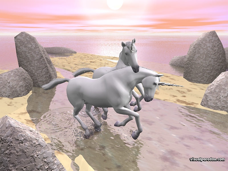 one, horn, two, horse, sun, shore, tidal, gallop, run, frolic, unicorns, 3d, wallpaper
