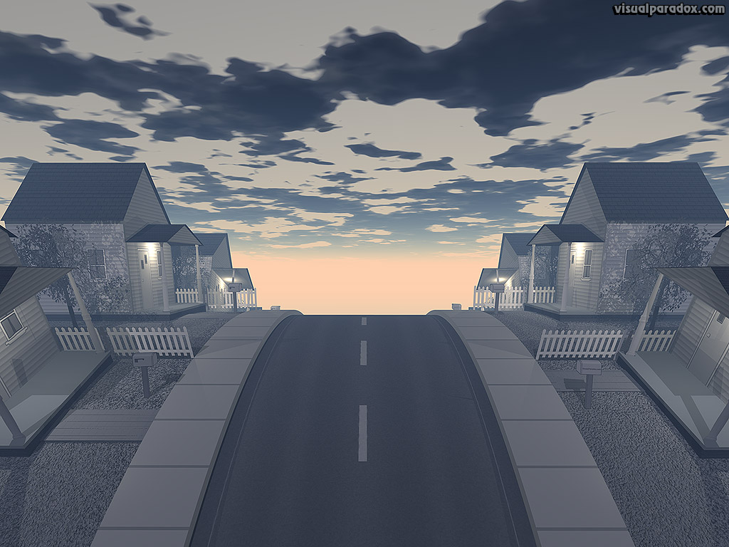 house, home, road, hill, neighborhood, dawn, dusk, morning, evening, city, clouds, houses, homes, 3d, wallpaper