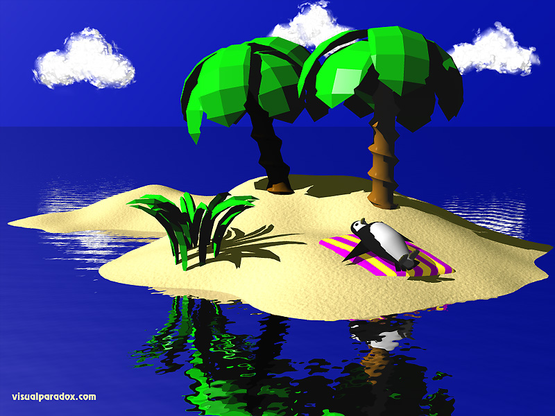 penguin, sunbath, beach, island, tropical, towel, ripples, cartoon, ocean, tux, linux, penguins, 3d, wallpaper
