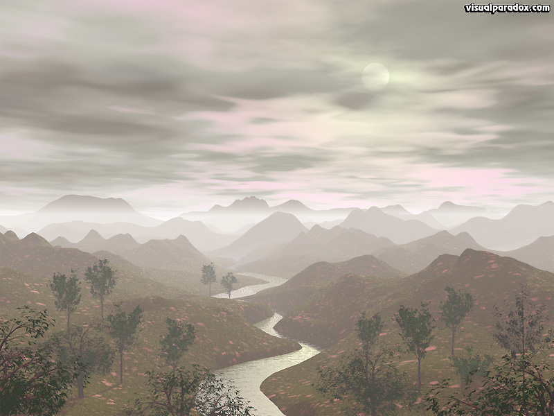 hills, river, mist, fog, hazy, clouds, cloudy, trees, nature, twisted, sun, haze, 3d, wallpaper