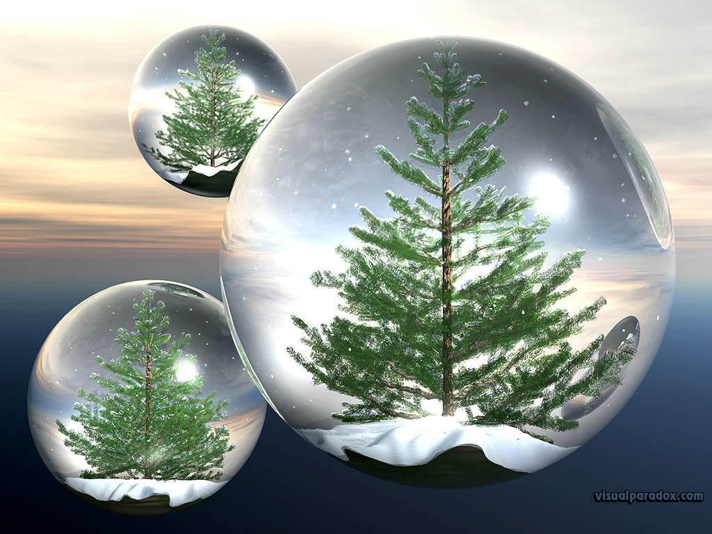 crystals, trees, sky, globes, float, bubbles, balls, fly, terrarium, snow, crystal, globe, 3d, wallpaper