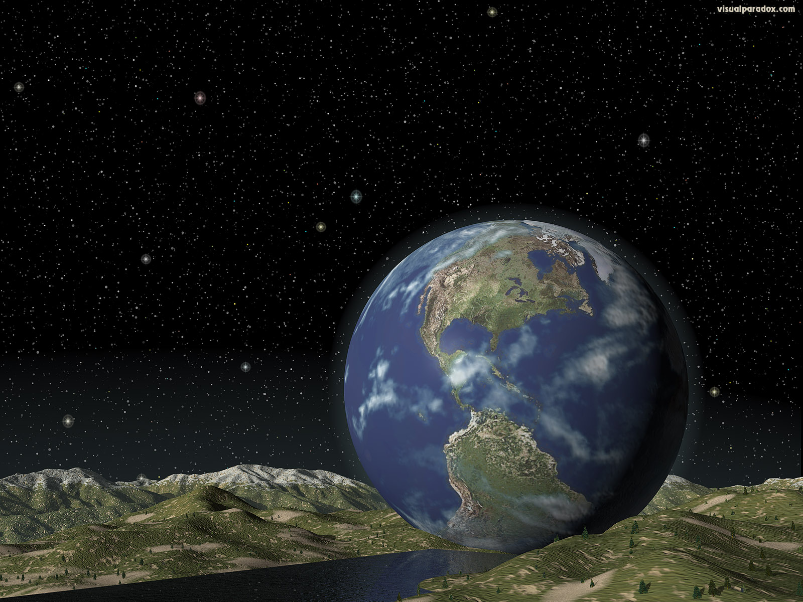 planet, space, globe, fiction, gravity, lake, stars, 3d, wallpaper
