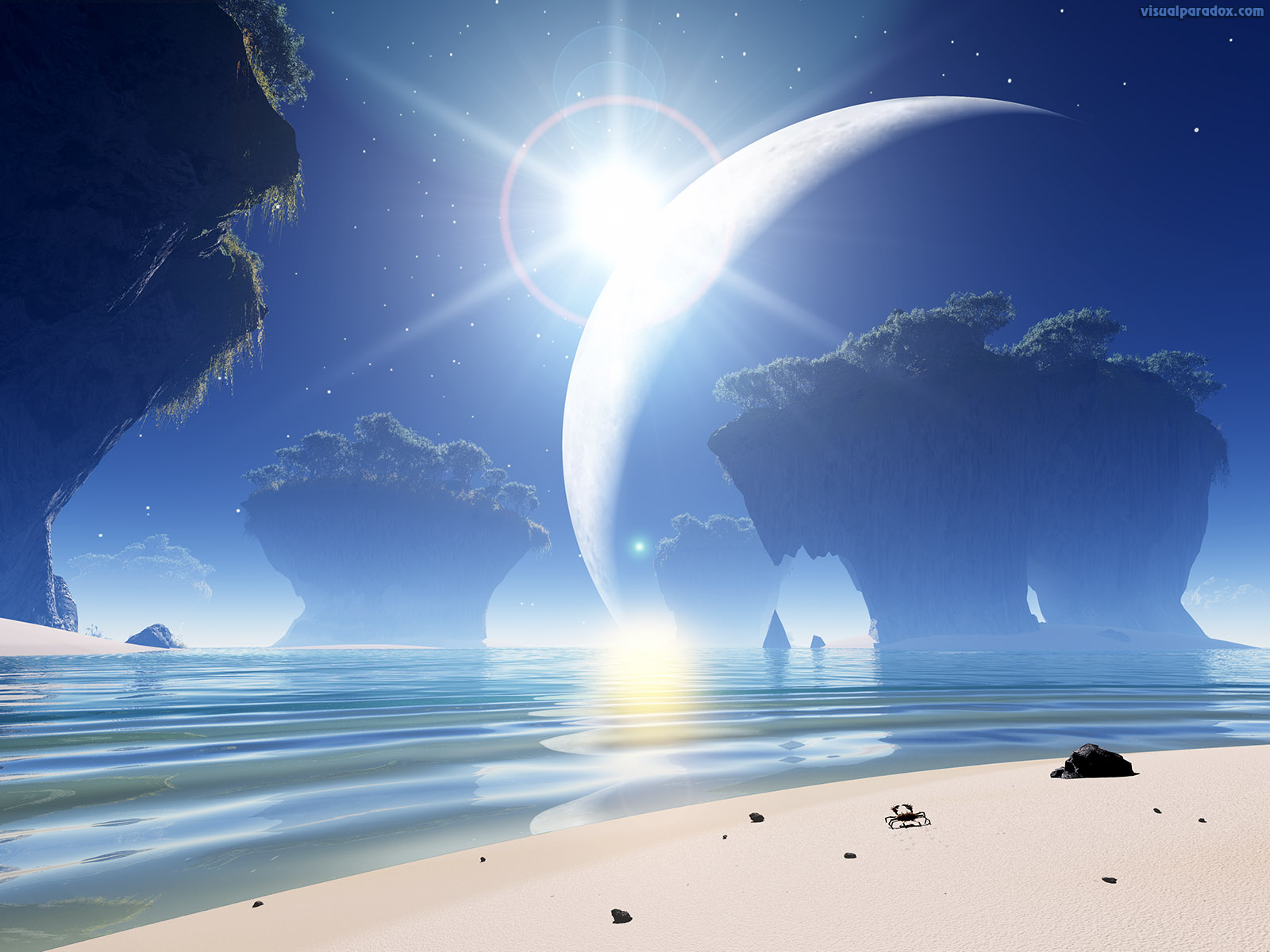 crab, alien, moon, ocean, sea, waves, erosion, star, shine, lens flare, 3d, wallpaper