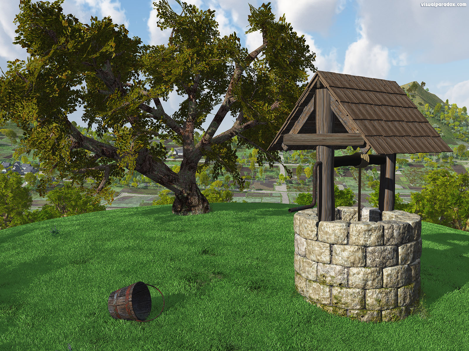 water, well, hole, village, source, bucket, jack and jlll, gnarled tree, grass, hill, idealic, crank, sunny, day, 3d, wallpaper