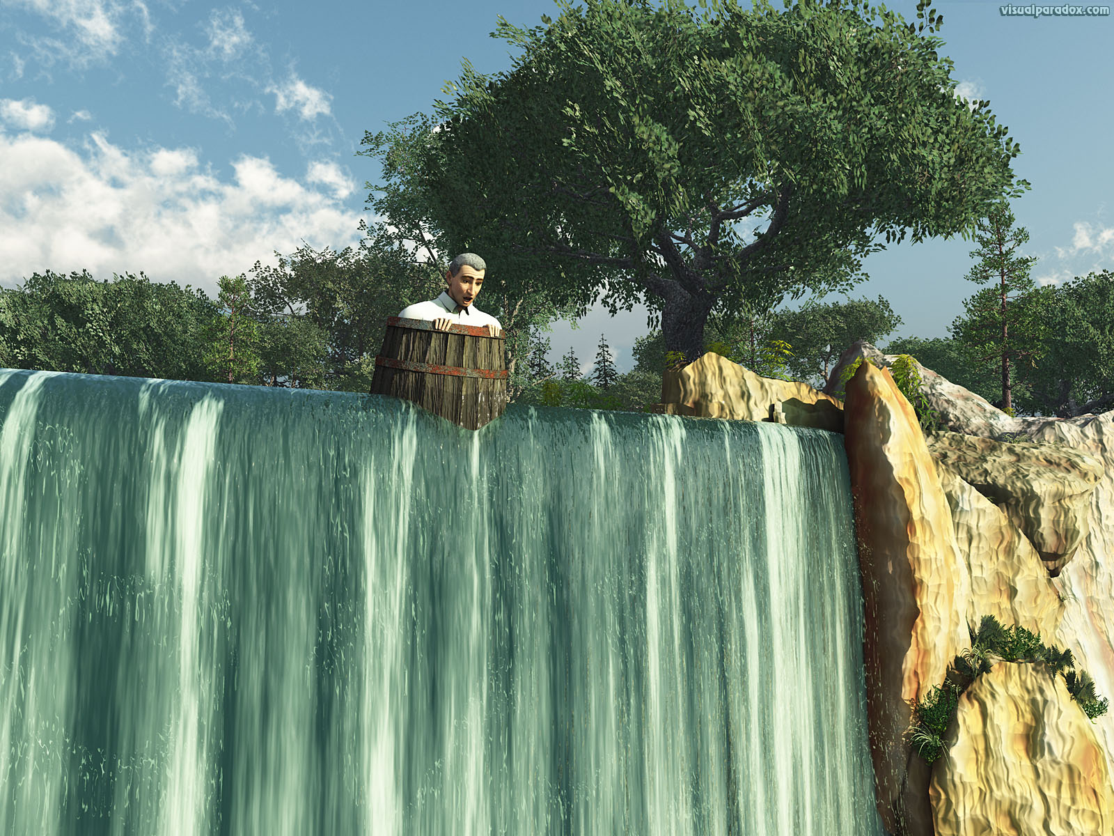 waterfall, man, barrel, precipice, daredevil, stunt, disaster, looming, pessimistic, perilous, edge, 3d, wallpaper