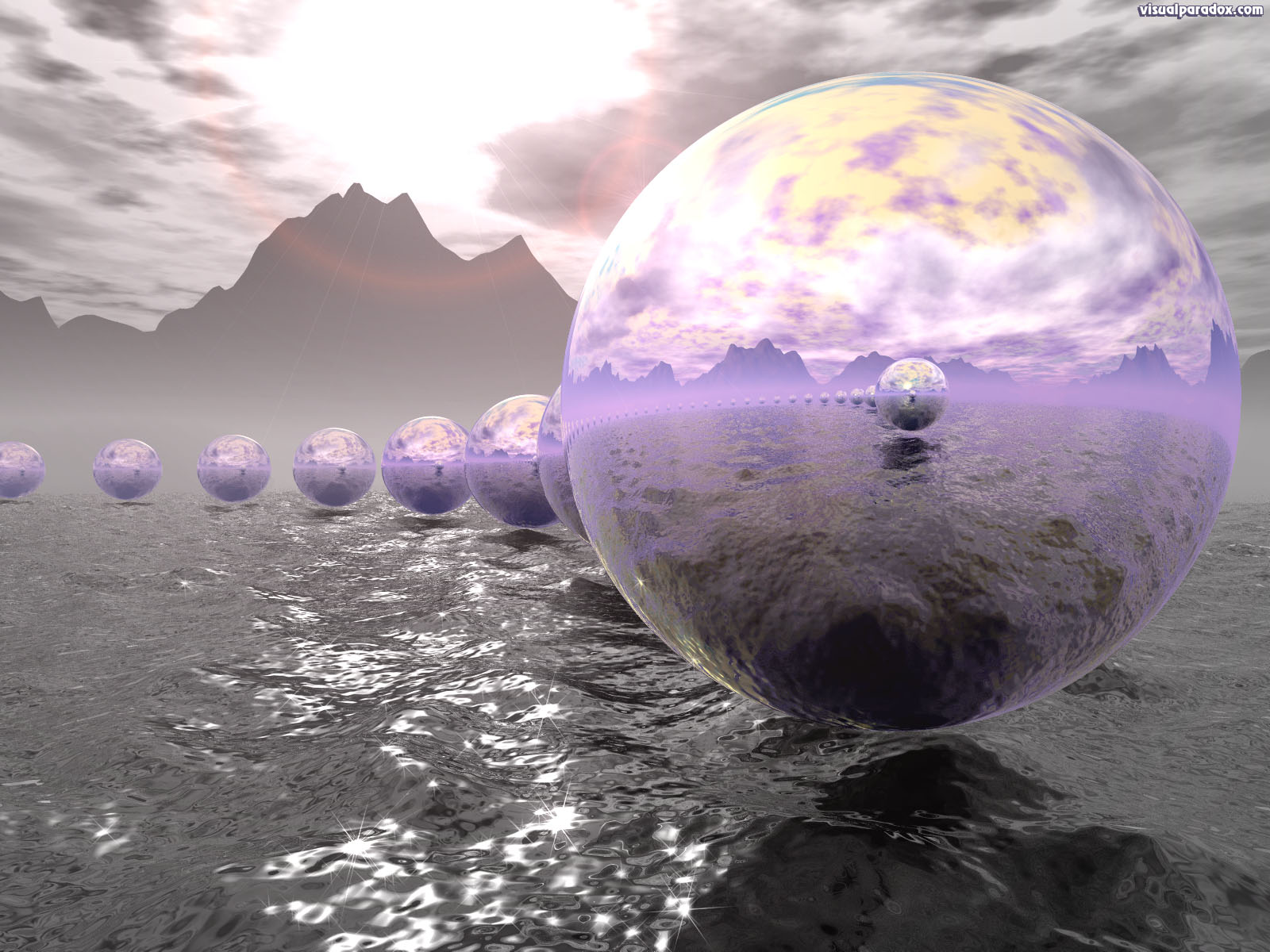 spheres, chrome, rough, ocean, sea, waves, sun, formation, circle, 3d, wallpaper