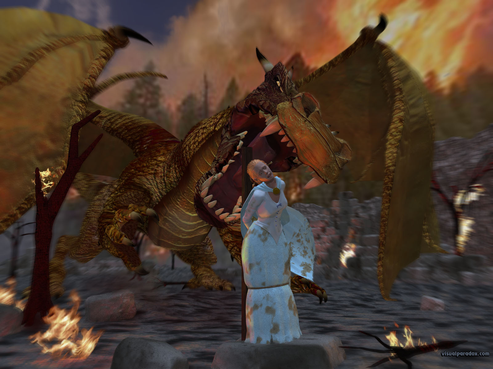 dragon, princess, sacrificial, virgin, bite, slayer, eat, damsel, fire, 3d, wallpaper