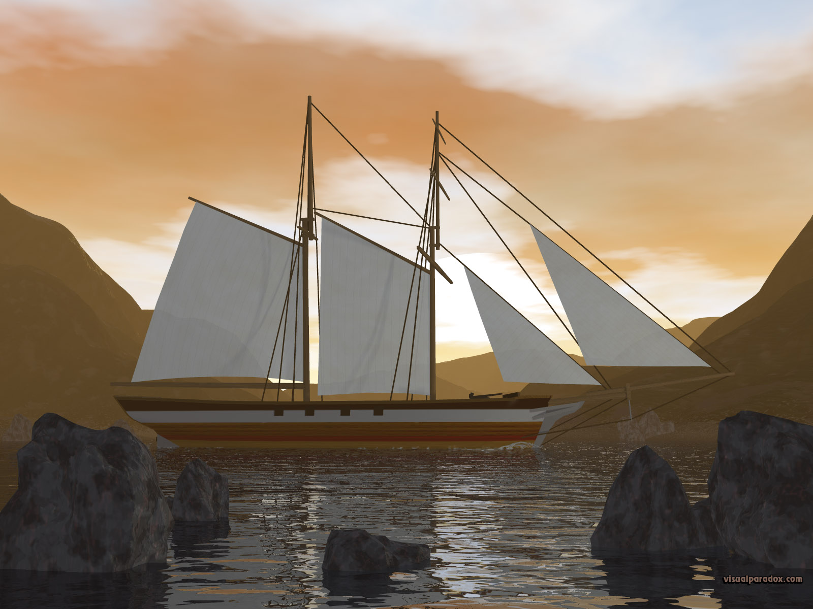 ship, boat, sail, ocean, sea, water, waves, sunset, ripples, sailing, sailboat, sails, 3d, wallpaper