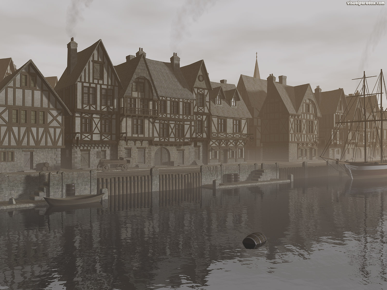 harbor, ocean, ship, village, city, medieval, town, water, bay, half timber, house  , 3d, wallpaper