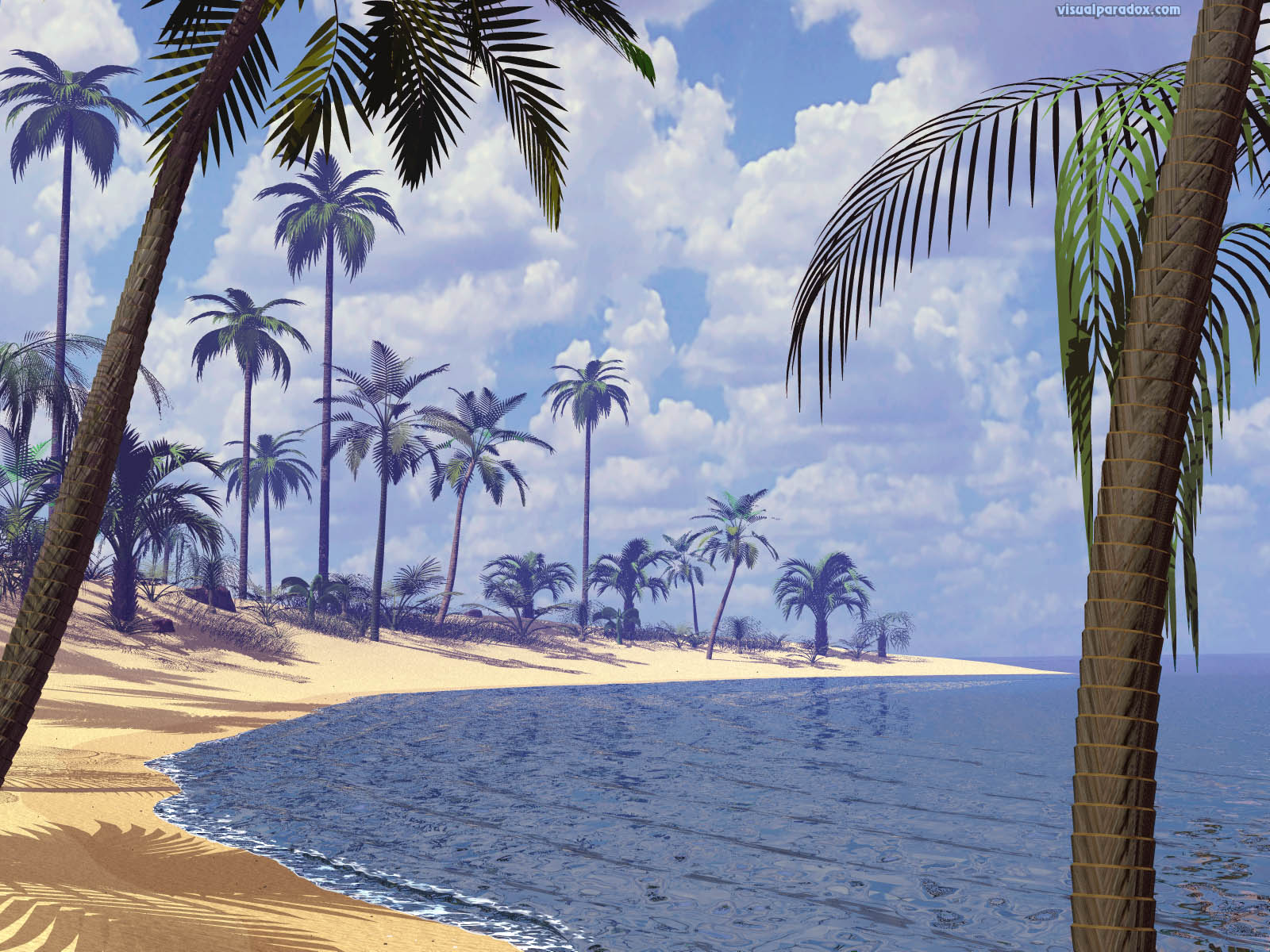 palms, ocean, water, waves, deserted, sand, surf, sun, palm trees, beaches, 3d, wallpaper