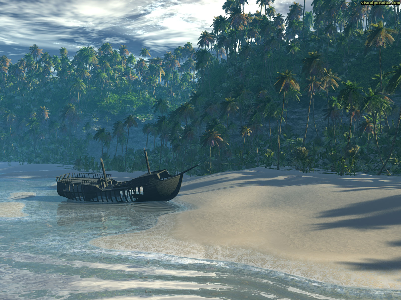 beach, boat, ocean, front, palm, trees, sea, waves, break, sand, ship, lost, marooned, castaway, cliff, tropical, 3d, wallpaper