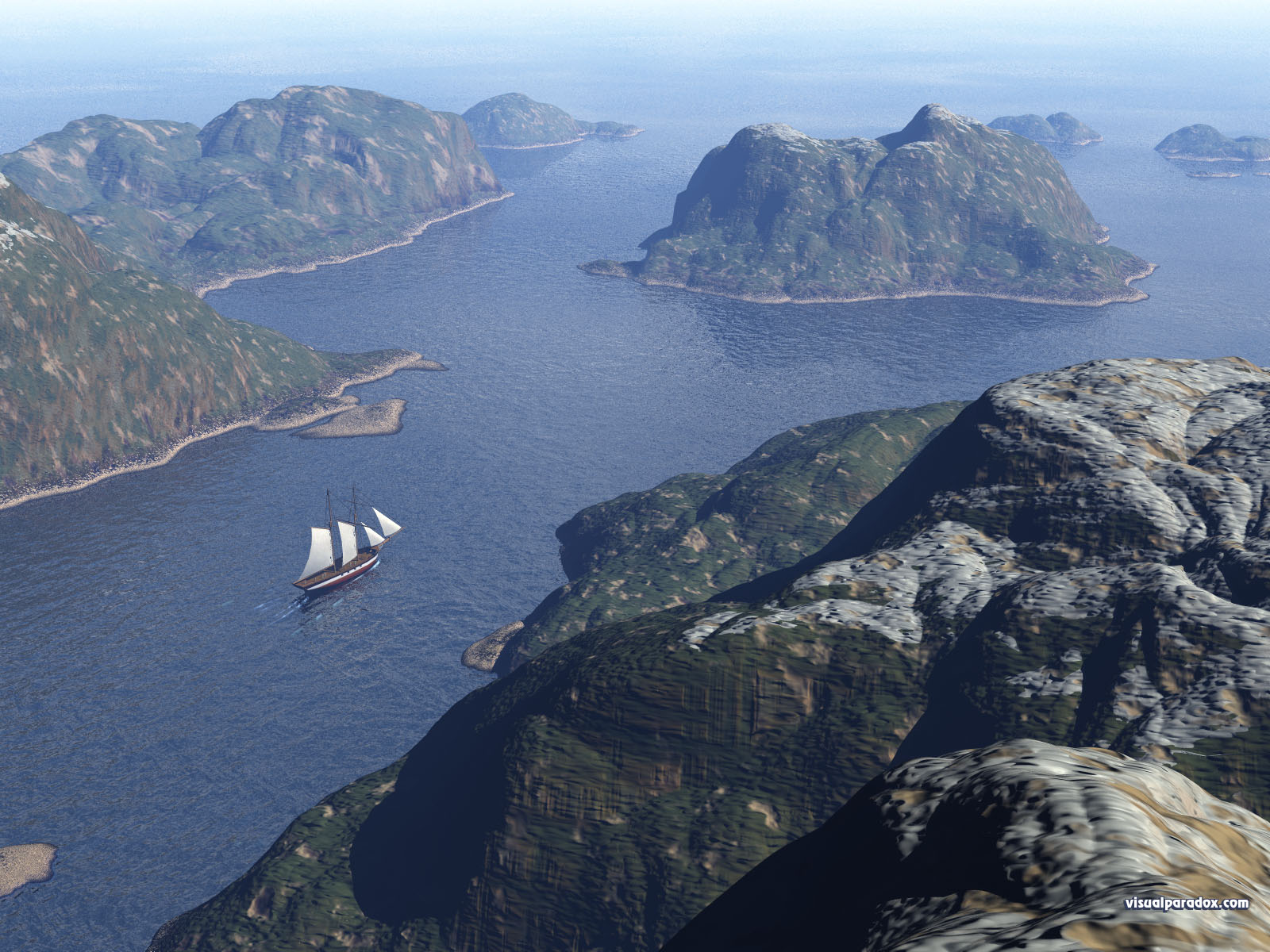ship, sail, ocean, channel, boat, water, mountains, sailing, cruise, alaska, 3d, wallpaper