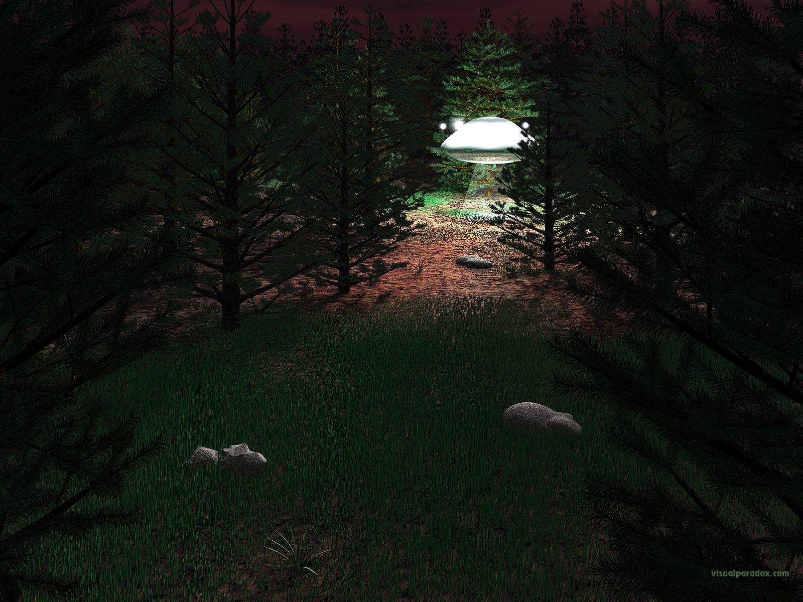 flying, saucer, alien, woods, landing, first, contact, close, encounter, light, unidentified, flying, object, 3d, wallpaper