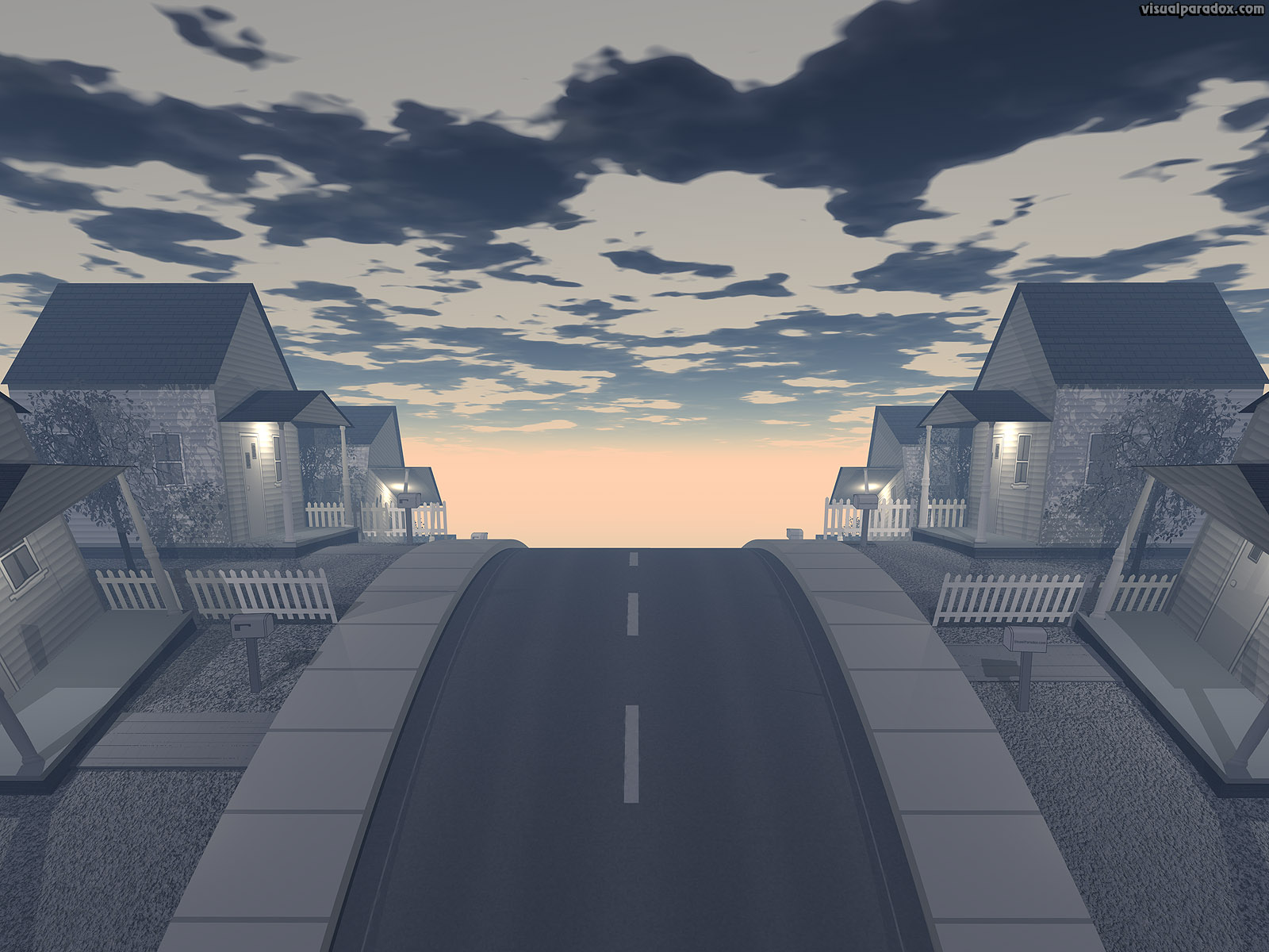 house, home, road, hill, neighborhood, dawn, dusk, morning, evening, city, clouds, houses, homes, 3d, wallpaper