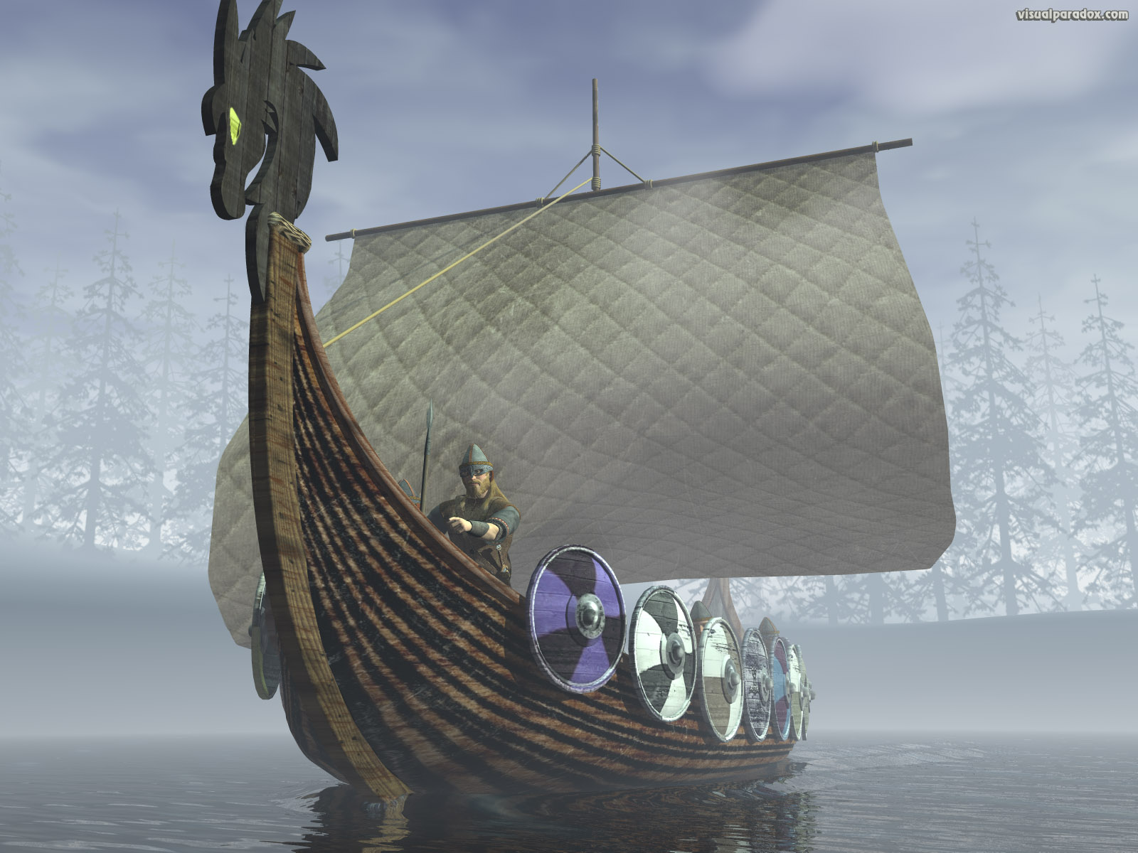 sail, boat, raiding, horde, attack, dragon, water, fog, drakkar, 3d, wallpaper