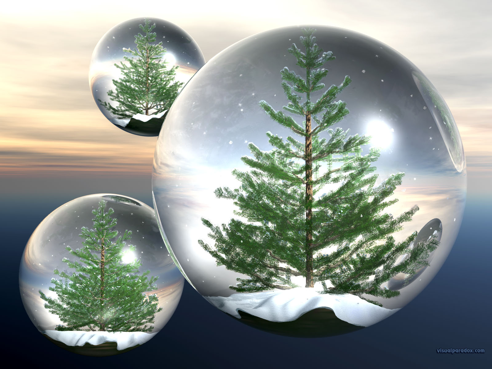 crystals, trees, sky, globes, float, bubbles, balls, fly, terrarium, snow, crystal, globe, 3d, wallpaper
